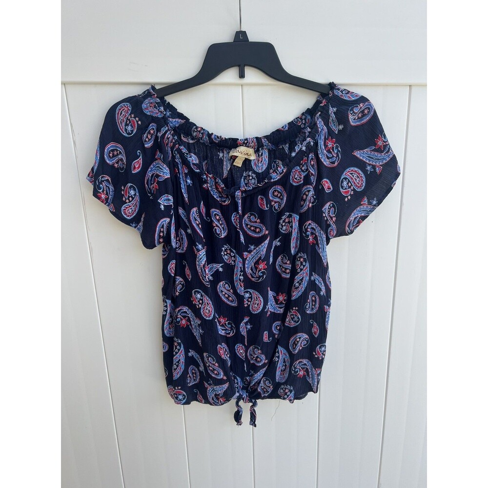 Davina Womens Blue Paisley Peasant Top Off The Shoulder Sz Large Rayon
